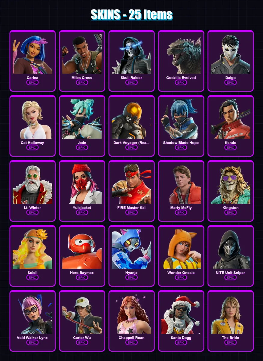 [PC/XBOX/PSN] | Carina | Miles Cross | Skull Raider | Godzilla Evolved | Daigo | 25 skin | 46 pickaxe | 28 emote | 25 glider | Lv234 — Fortnite account