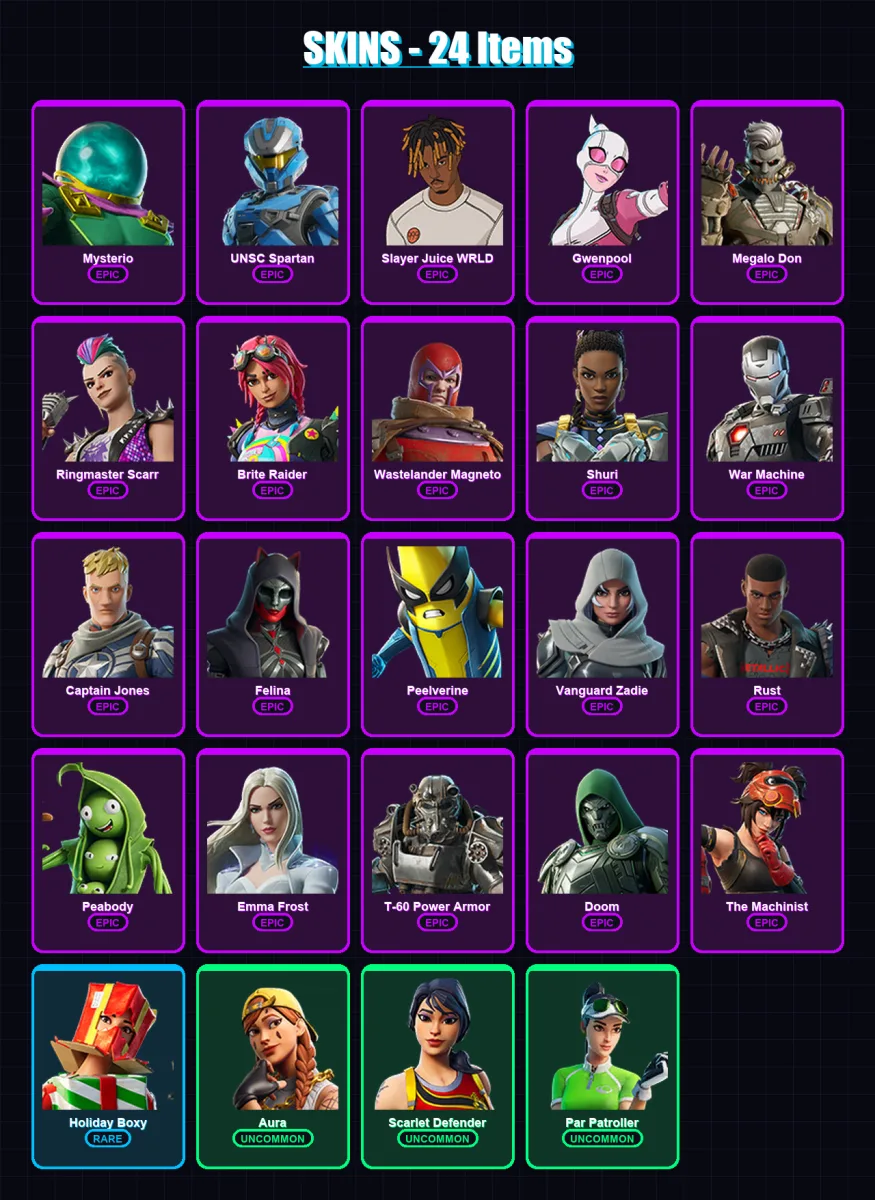 [PC/XBOX/PSN] | Mysterio | UNSC Spartan | Slayer Juice WRLD | Gwenpool | Megalo Don | 24 skin | 67 pickaxe | 35 emote | 52 glider | Lv1184