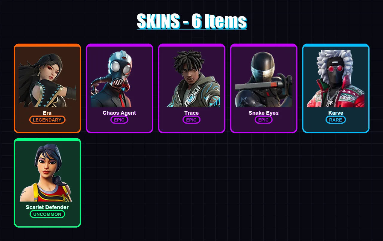 [PC/XBOX/PSN] | Era | Chaos Agent | Trace | Snake Eyes | Karve | 6 skin | 12 pickaxe | 12 emote | 9 glider | Lv113
