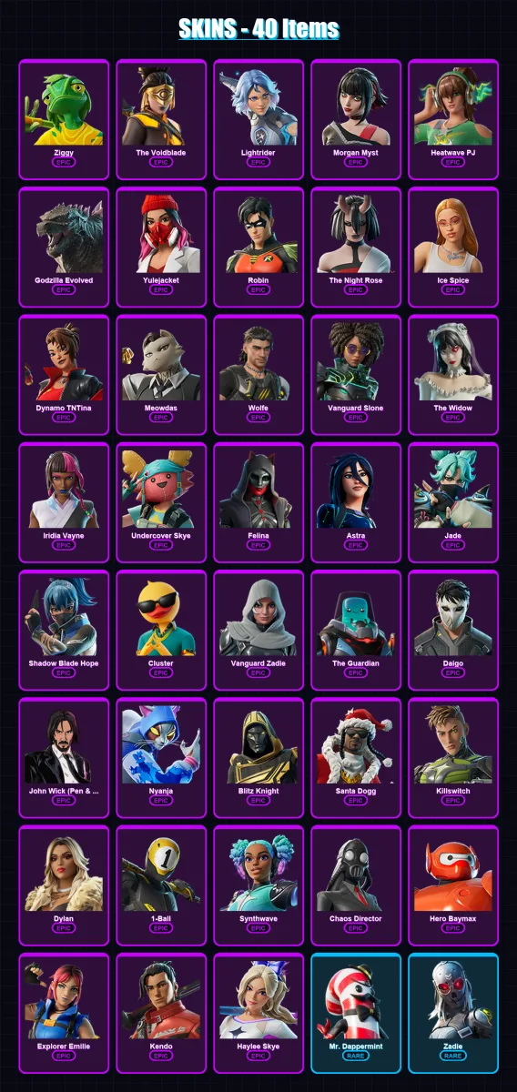 [PC/XBOX/PSN] | Ziggy | The Voidblade | Lightrider | Morgan Myst | Heatwave PJ | 40 skin | 107 pickaxe | 66 emote | 74 glider | Lv2068