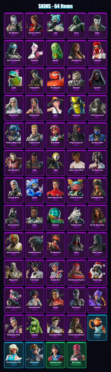 [PS4/PS5/XBOX/PC] | War Machine | Dynamo TNTina | Jade | Doom | Daigo | 64 skin | 98 pickaxe | 79 emote | 72 glider | Lv1996