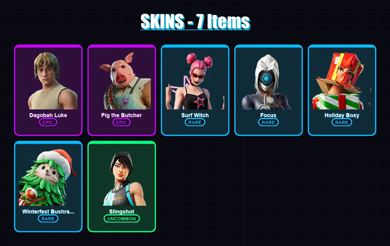 [PC/XBOX/PSN] | Dagobah Luke | Pig the Butcher | Surf Witch | Focus | Holiday Boxy | 7 skin | 29 pickaxe | 17 emote | 19 glider | Lv255