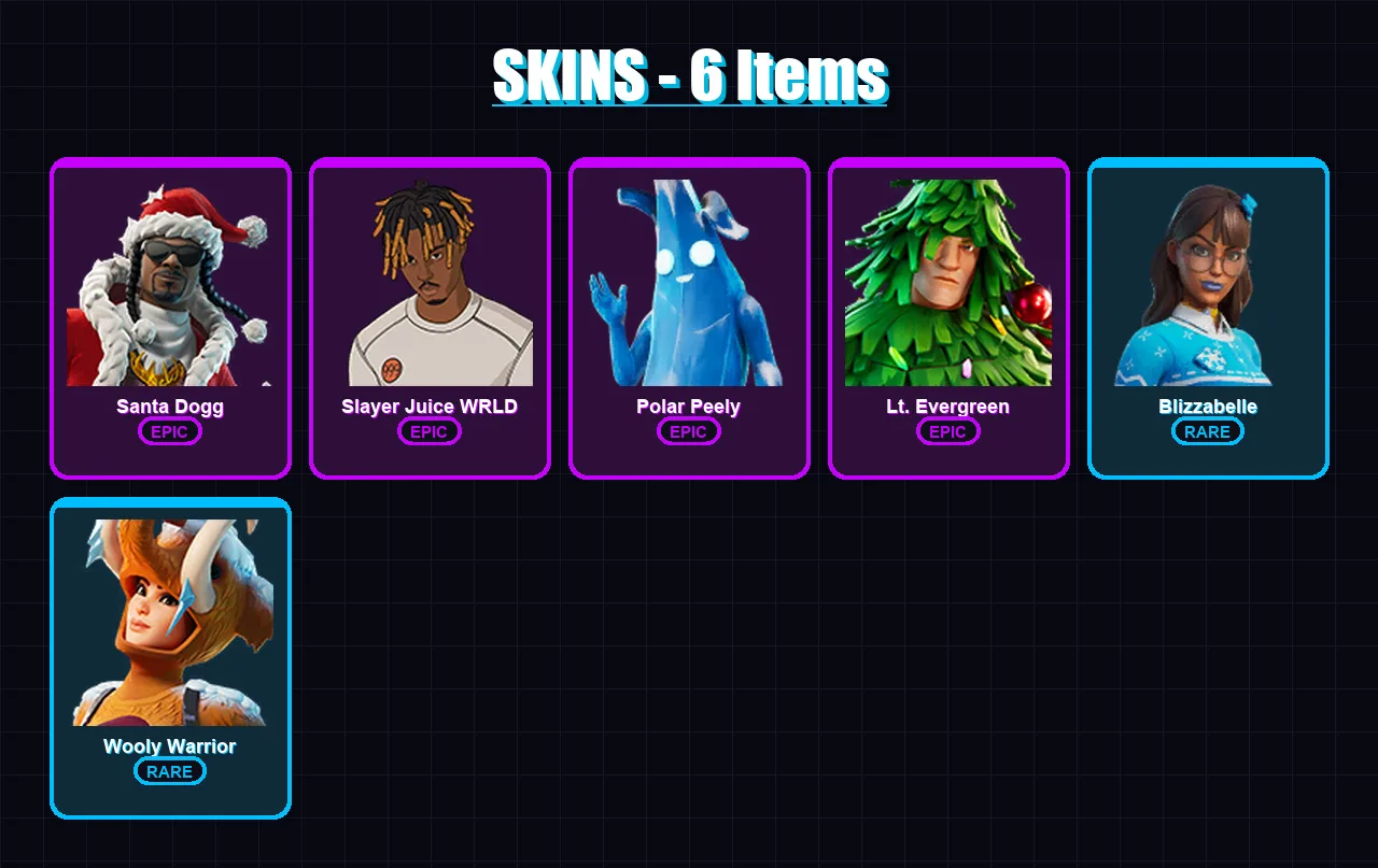 [PC/XBOX/PSN] | Santa Dogg | Slayer Juice WRLD | Polar Peely | Lt. Evergreen | Blizzabelle | 6 skin | 14 pickaxe | 11 emote | 15 glider | Lv217