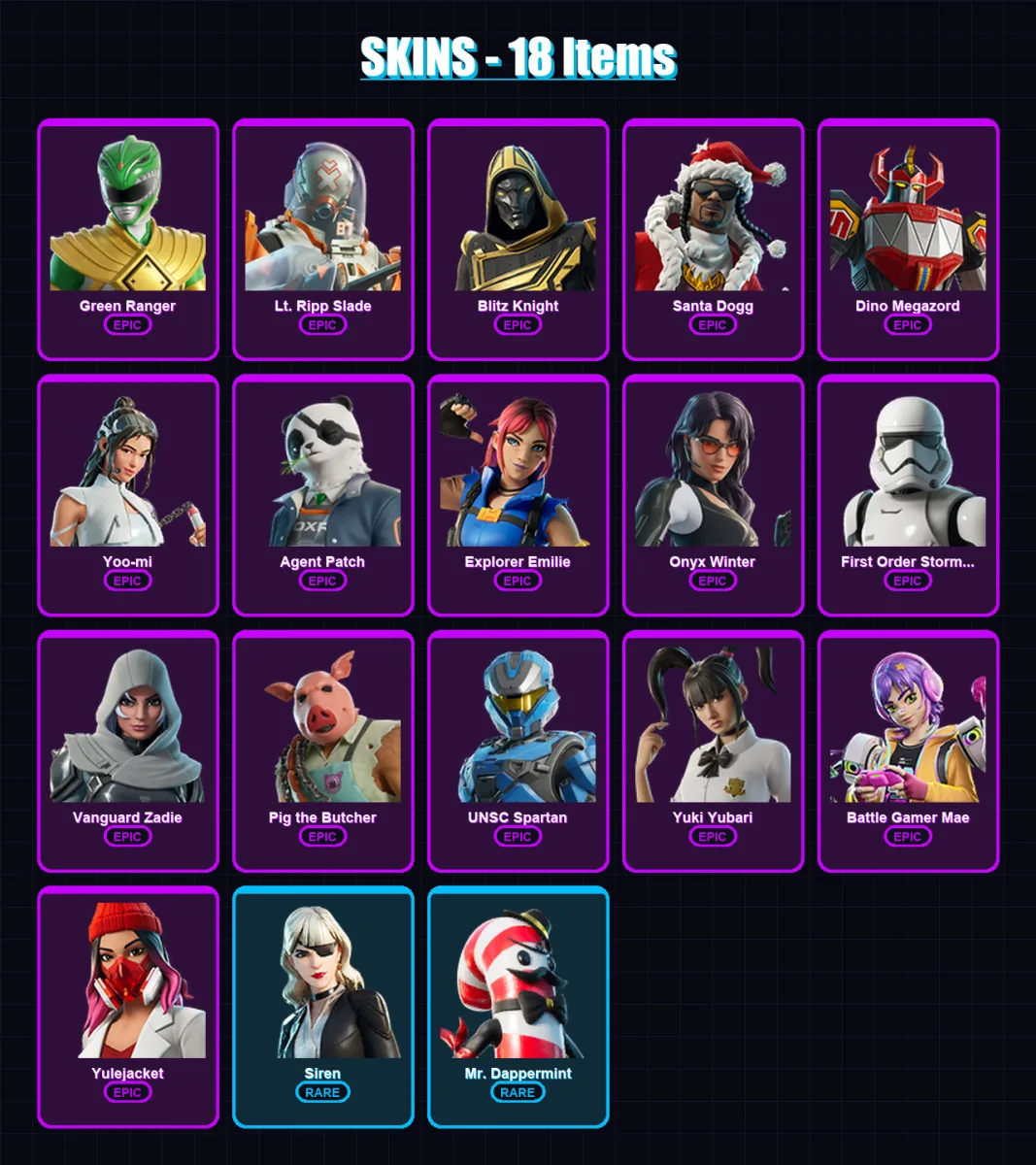 [PC/XBOX/PSN] | Green Ranger | Lt. Ripp Slade | Blitz Knight | Santa Dogg | Dino Megazord | 18 skin | 67 pickaxe | 30 emote | 38 glider | Lv844 — Fortnite account