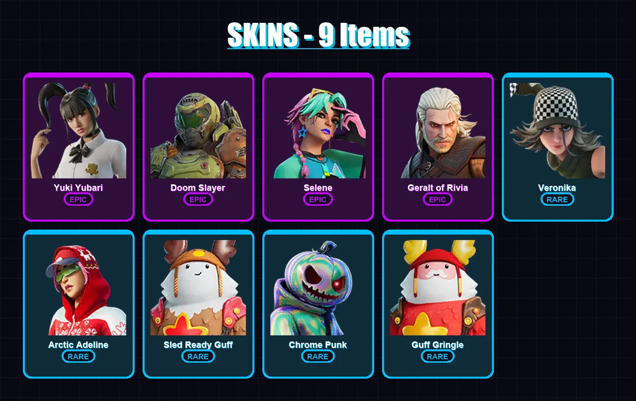 [PC/XBOX] | Yuki Yubari | Doom Slayer | Selene | Geralt of Rivia | Veronika | 9 skin | 46 pickaxe | 22 emote | 35 glider | Lv503