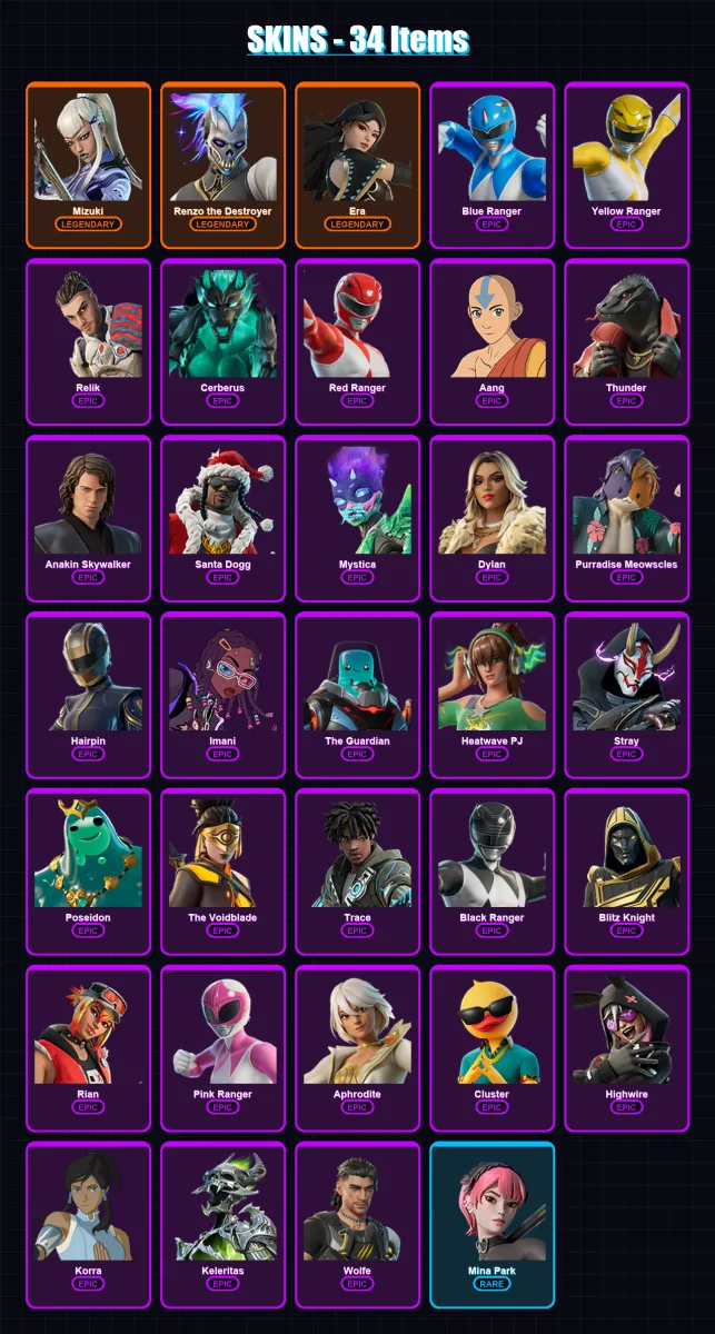 [PC/XBOX] | Mizuki | Renzo the Destroyer | Era | Blue Ranger | Yellow Ranger | 34 skin | 59 pickaxe | 35 emote | 48 glider | Lv576