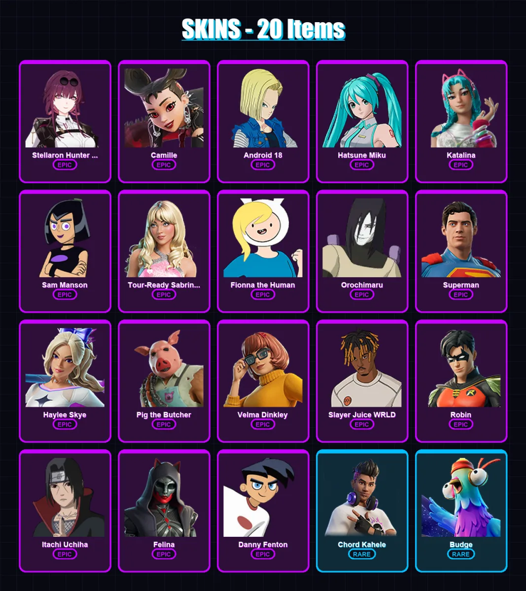 [PC/XBOX/PSN] | Stellaron Hunter Kafka | Camille | Android 18 | Hatsune Miku | Katalina | 20 skin | 64 pickaxe | 32 emote | 37 glider | Lv428