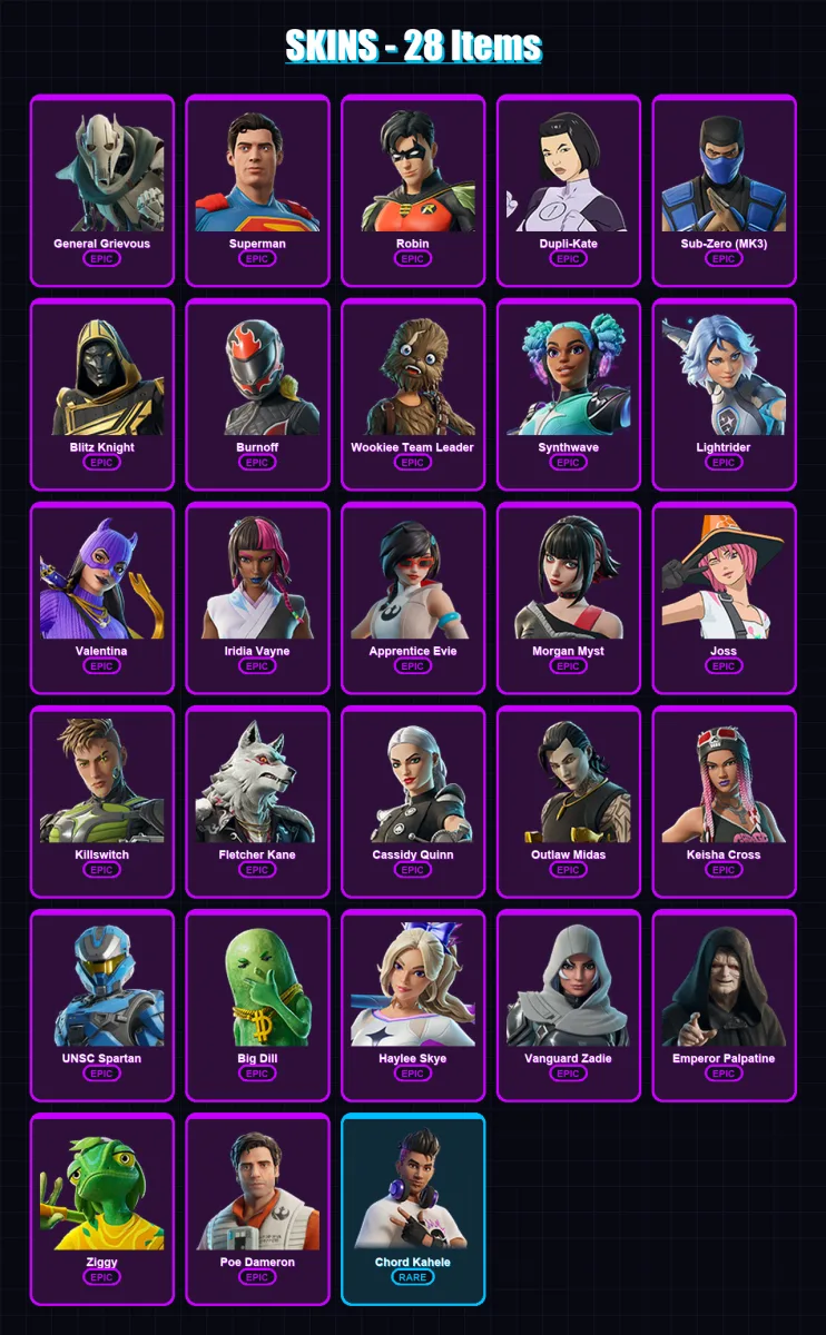 [PC/XBOX/PSN] | General Grievous | Superman | Robin | Dupli-Kate | Sub-Zero (MK3) | 28 skin | 60 pickaxe | 37 emote | 39 glider | Lv726