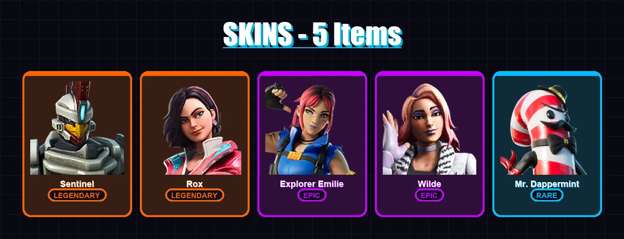 [PC/XBOX/PSN] | Sentinel | Rox | Explorer Emilie | Wilde | Mr. Dappermint | 5 skin | 2 pickaxe | 3 emote | 1 glider | Lv15