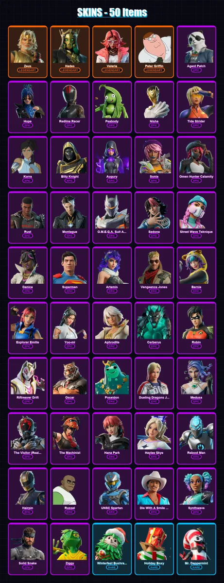 [PC/XBOX] | Zeus | Hades | Valeria | Peter Griffin | Agent Patch | 50 skin | 58 pickaxe | 58 emote | 40 glider | Lv469
