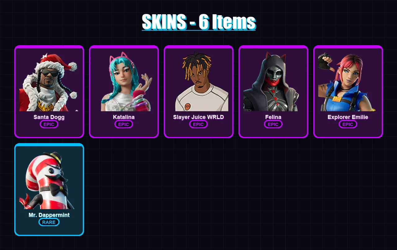[PC] | Santa Dogg | Katalina | Slayer Juice WRLD | Felina | Explorer Emilie | 6 skin | 34 pickaxe | 14 emote | 23 glider | Lv341