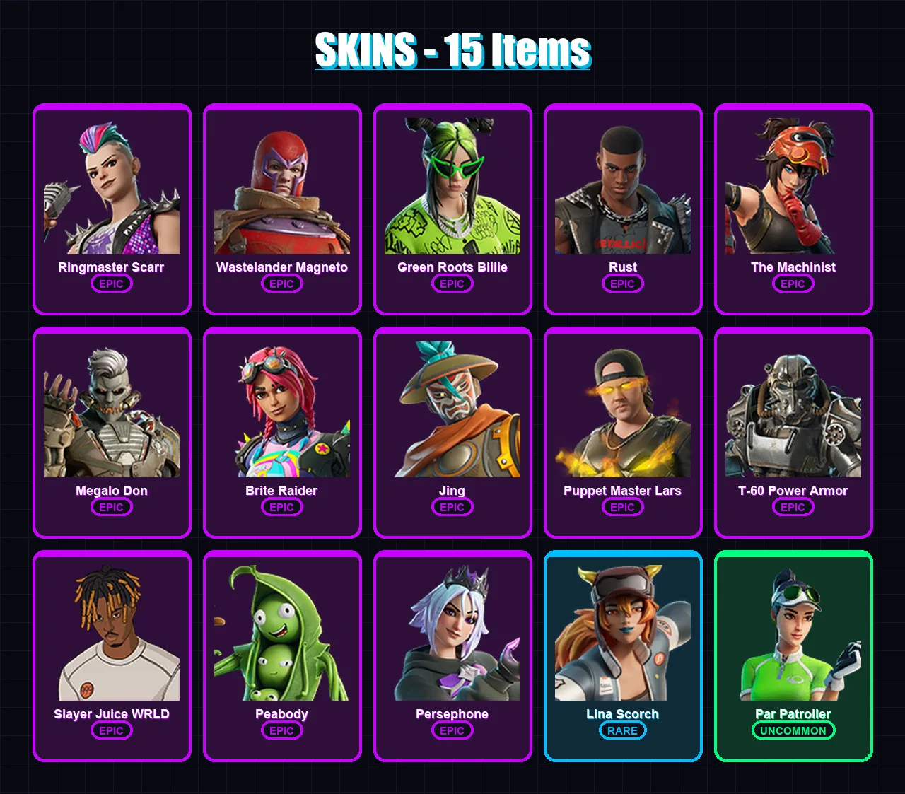 [PS4/PS5/XBOX/PC] | Ringmaster Scarr | Wastelander Magneto | Green Roots Billie | 15 skin | Lv160