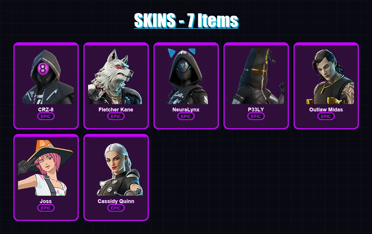 [PC/XBOX/PSN] | CRZ-8 | Fletcher Kane | NeuraLynx | P33LY | Outlaw Midas | 7 skin | 16 pickaxe | 18 emote | 10 glider | Lv63