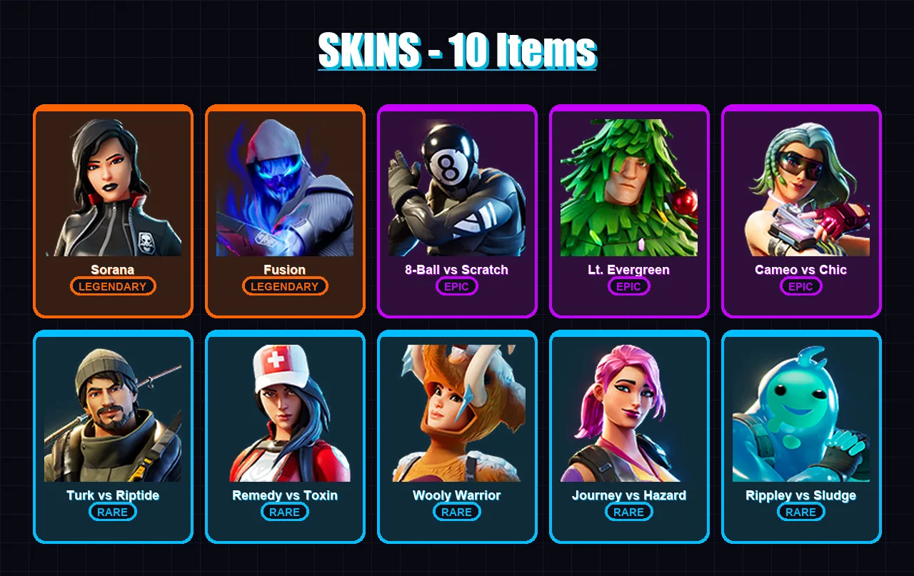 [PC/XBOX/PSN] | Sorana | Fusion | 8-Ball vs Scratch | Lt. Evergreen | Cameo vs Chic | 10 skin | 12 pickaxe | 12 emote | 12 glider | Lv192 — Fortnite account