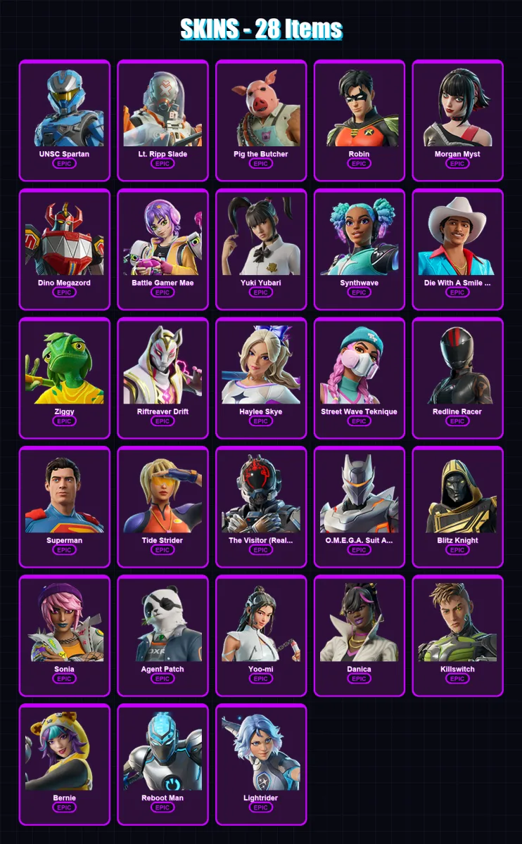 [PC/XBOX/PSN] | UNSC Spartan | Lt. Ripp Slade | Pig the Butcher | Robin | Morgan Myst | 28 skin | 47 pickaxe | 39 emote | 31 glider | Lv701