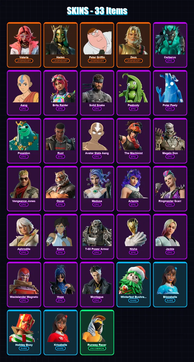 [PC/XBOX/PSN] | Valeria | Hades | Peter Griffin | Zeus | Cerberus | 33 skin | 49 pickaxe | 41 emote | 44 glider | Lv875