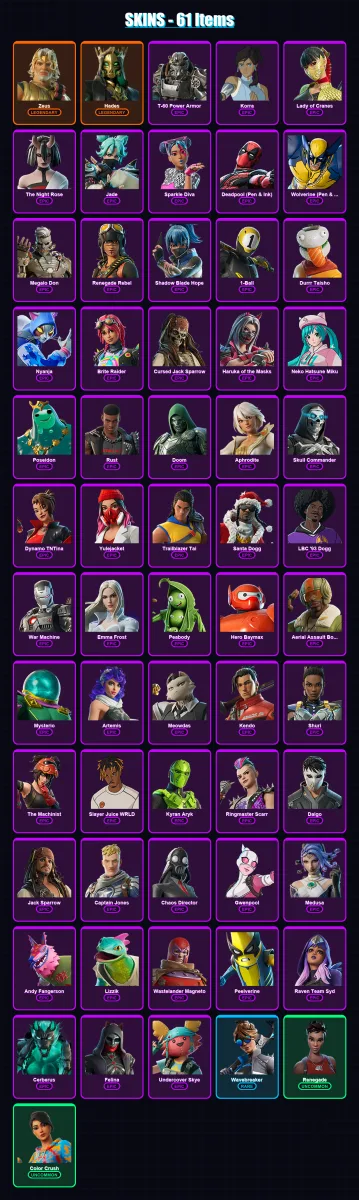 [SWITCH/XBOX/PSN/PC] | Zeus | Hades | T-60 Power Armor | Korra | Lady of Cranes | 61 skin | 93 pickaxe | 75 emote | 57 glider | Lv1212
