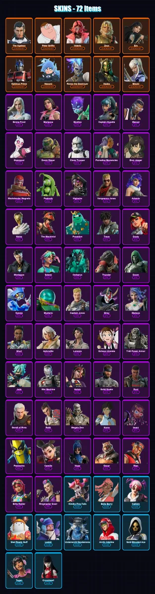 [SWITCH/XBOX/PSN/PC] | The Ageless | Peter Griffin | Valeria | Zeus | Era | 72 skin | 87 pickaxe | 81 emote | 77 glider | Lv1257 — Game account