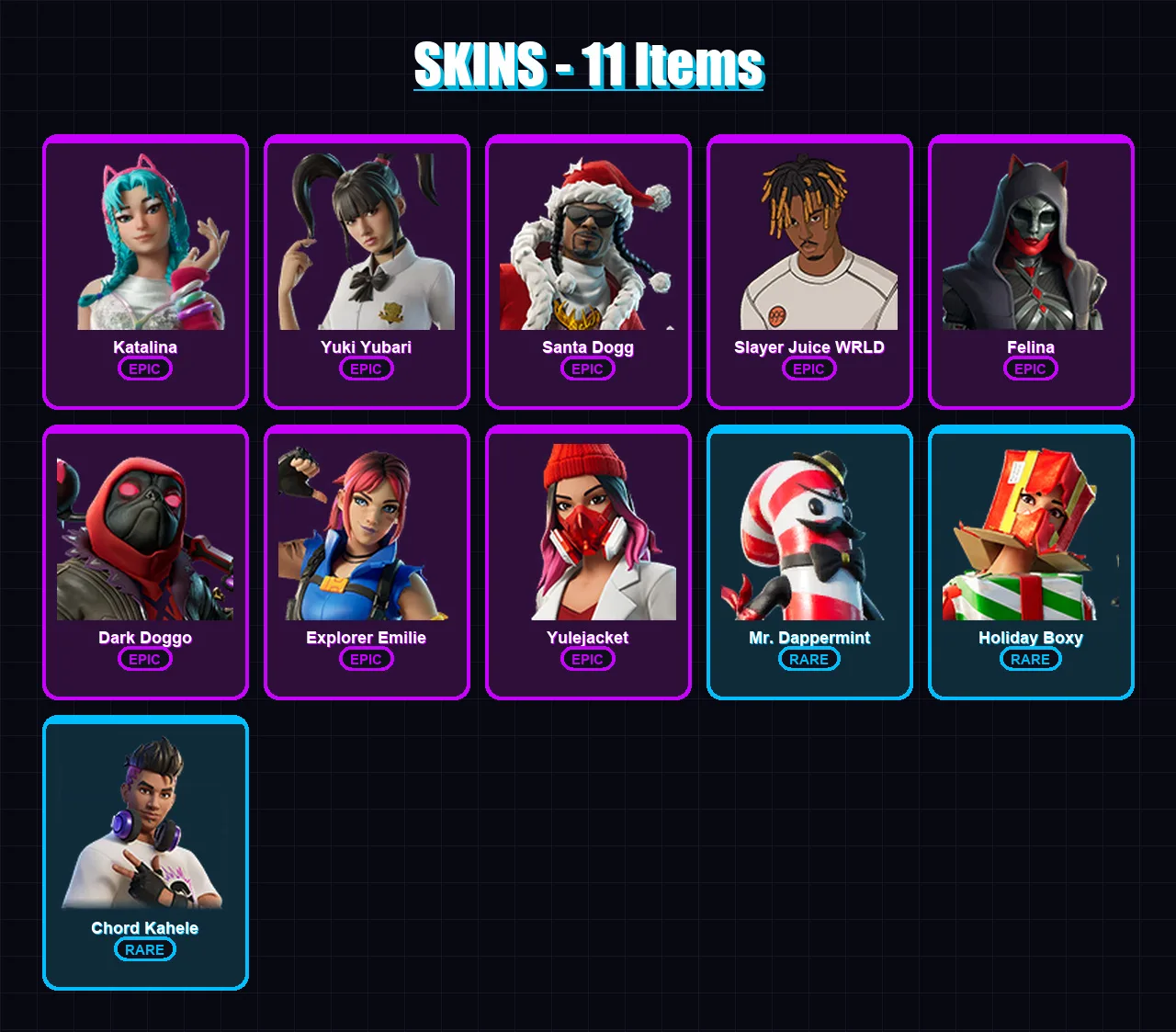 [PC/PSN] | Katalina | Yuki Yubari | Santa Dogg | Slayer Juice WRLD | Felina | 11 skin | 55 pickaxe | 22 emote | 33 glider | Lv427