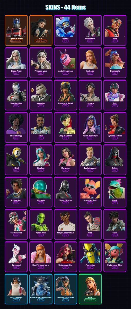 [PC/XBOX/PSN] | Optimus Prime | Era | Nyanja | Prince Orin | Rian | 44 skin | 59 pickaxe | 50 emote | 32 glider | Lv479