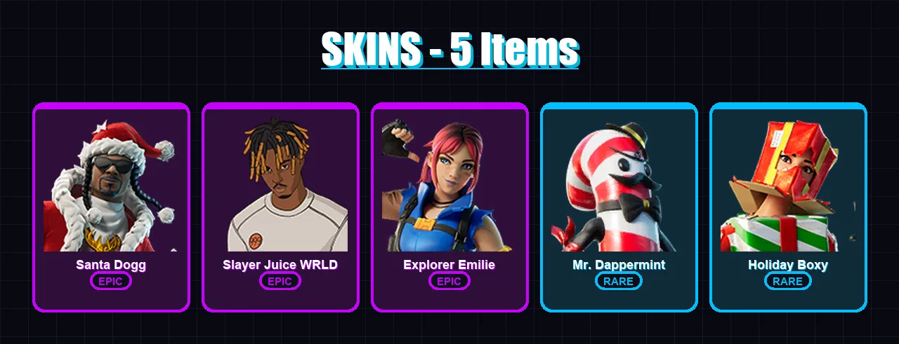 [PC/PSN] | Santa Dogg | Slayer Juice WRLD | Explorer Emilie | Mr. Dappermint | Holiday Boxy | 5 skin | 13 pickaxe | 3 emote | 10 glider | Lv125