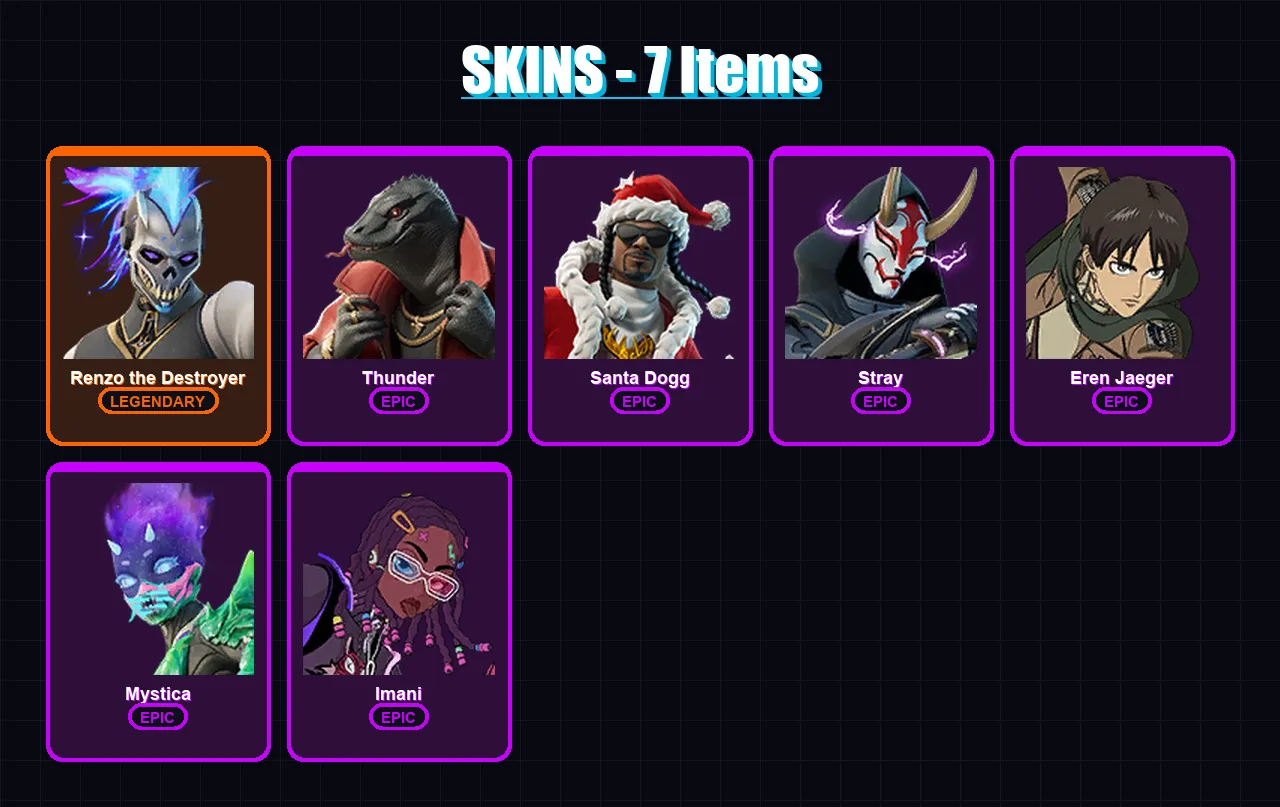 [PC/XBOX/PSN] | Renzo the Destroyer | Thunder | Santa Dogg | Stray | Eren Jaeger | 7 skin | 11 pickaxe | 9 emote | 11 glider | Lv109