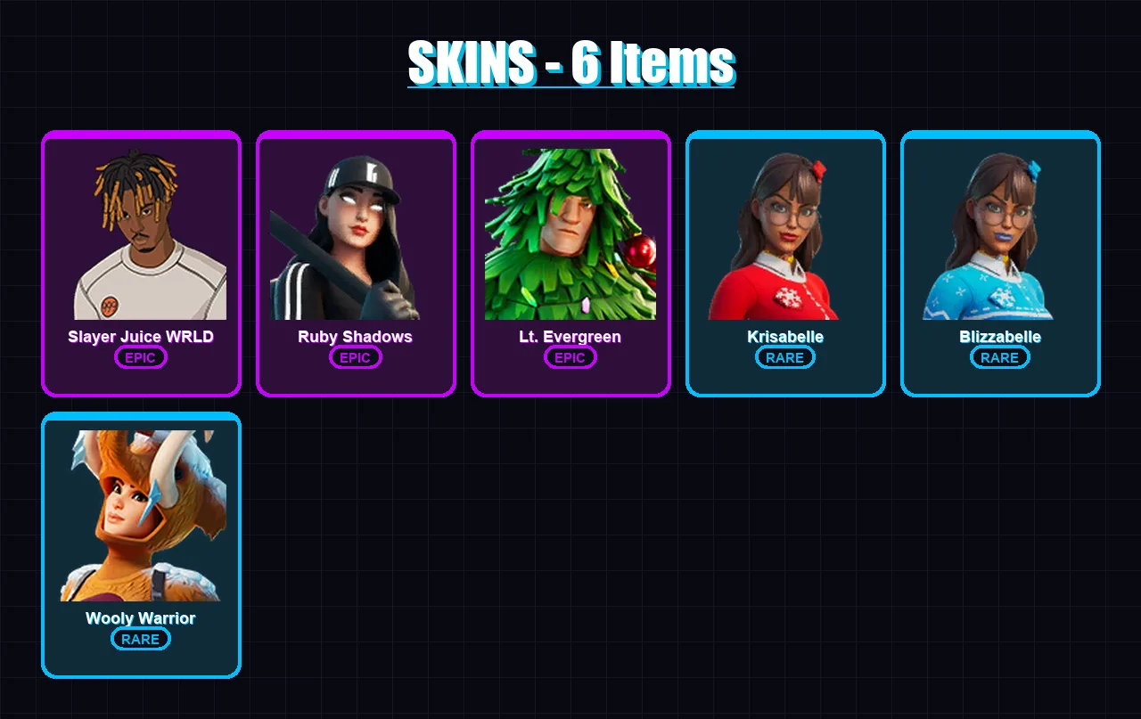 [PC/XBOX/PSN] | Slayer Juice WRLD | Ruby Shadows | Lt. Evergreen | Krisabelle | Blizzabelle | 6 skin | 17 pickaxe | 17 emote | 17 glider | Lv191