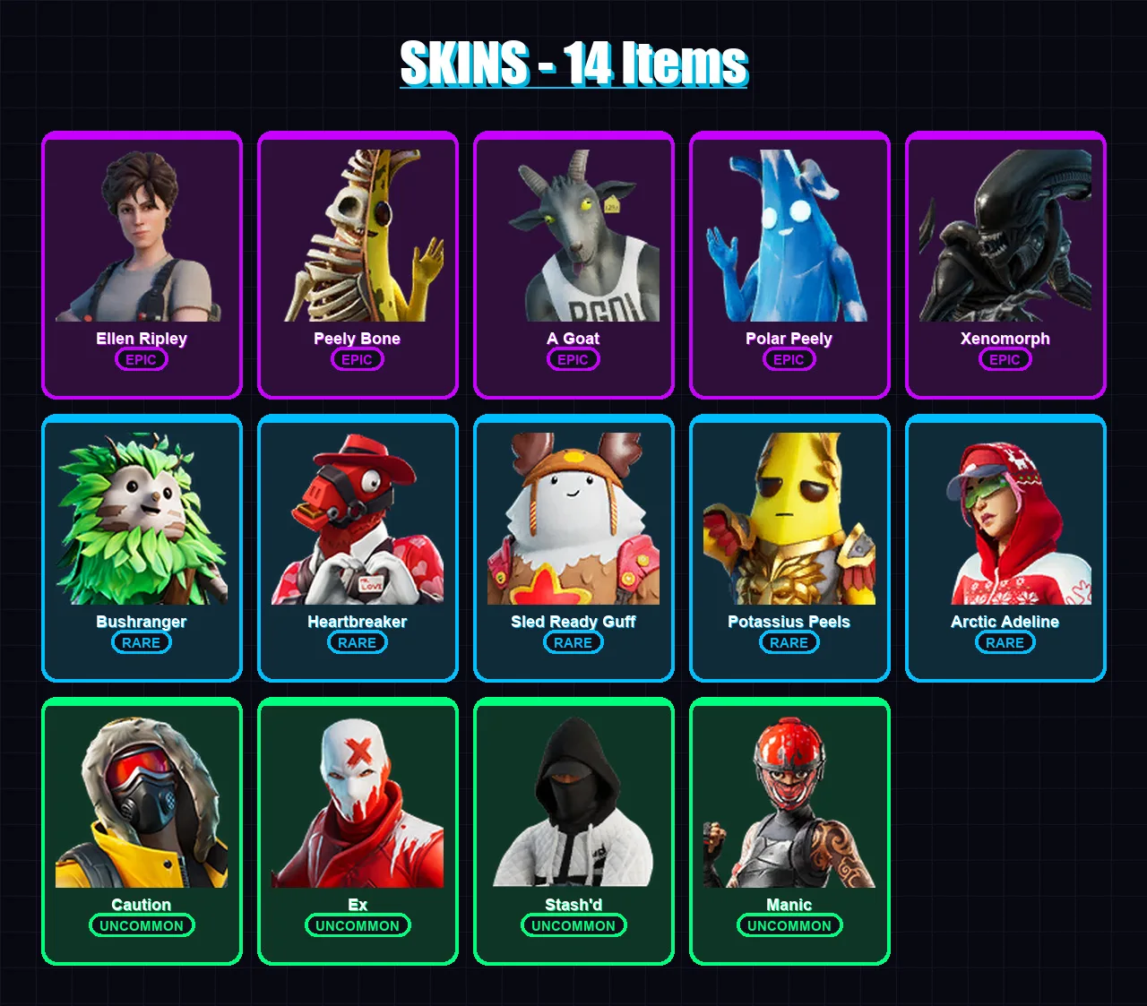 [SWITCH/XBOX/PSN/PC] | Ellen Ripley | Peely Bone | A Goat | Polar Peely | Xenomorph | 14 skin | 21 pickaxe | 20 emote | 23 glider | Lv530