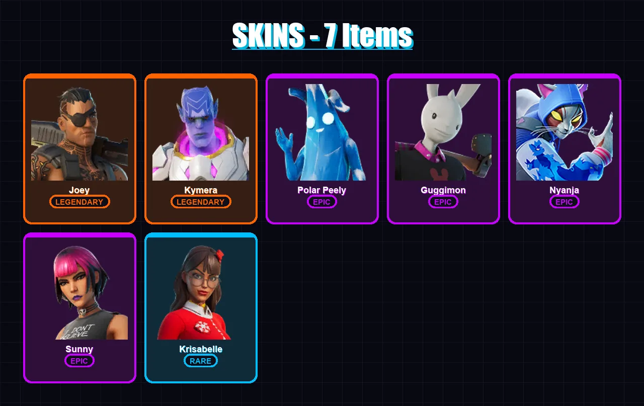 [PC/XBOX/PSN] | Joey | Kymera | Polar Peely | Guggimon | Nyanja | 7 skin | 10 pickaxe | 15 emote | 13 glider | Lv128 — Game account