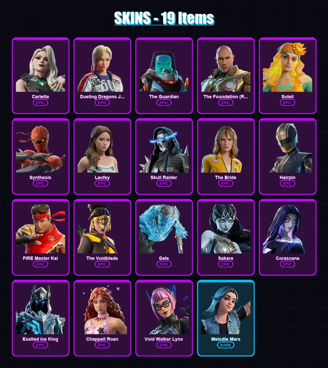 [PC/PSN] | Carletta | Dueling Dragons Jackie | The Guardian | The Foundation (Reforged) | Soleil | 19 skin | 9 pickaxe | 2 emote | 4 glider | Lv5
