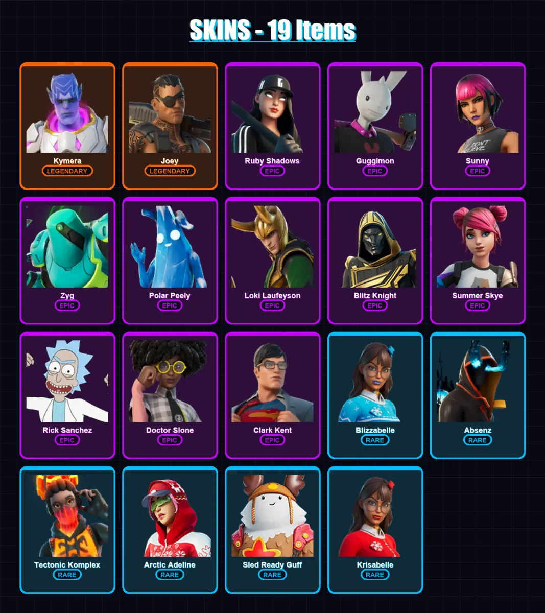 [PS4/PS5/XBOX/PC] | Kymera | Joey | Ruby Shadows | Guggimon | Sunny | 19 skin | 61 pickaxe | 33 emote | 50 glider | Lv968