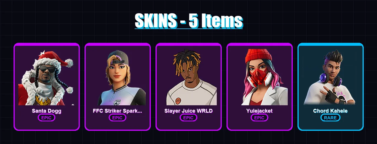[PC/PSN] | Santa Dogg | FFC Striker Sparkplug | Slayer Juice WRLD | Yulejacket | Chord Kahele | 5 skin | 8 pickaxe | 2 emote | 5 glider | Lv25