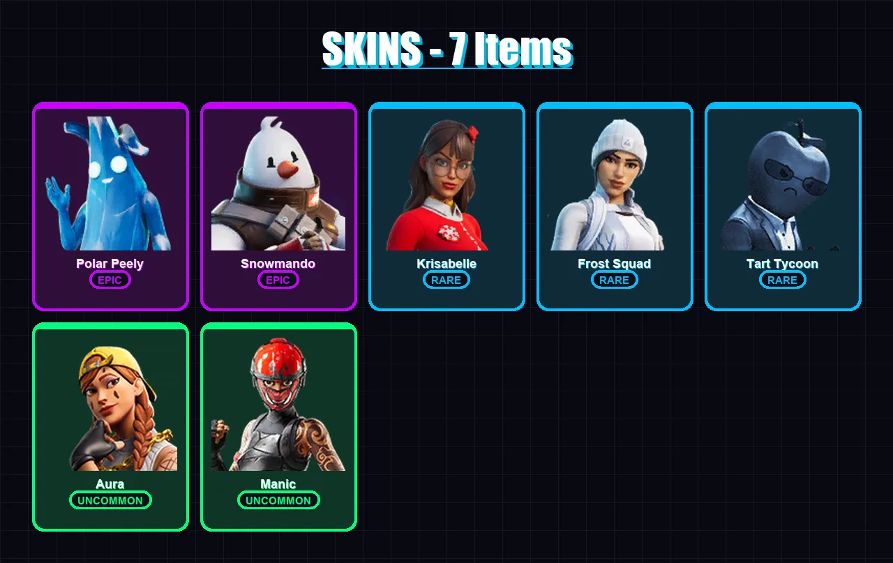 [PS4/PS5/XBOX/PC] | Polar Peely | Snowmando | Krisabelle | Frost Squad | Tart Tycoon | 7 skin | 17 pickaxe | 16 emote | 21 glider | Lv515