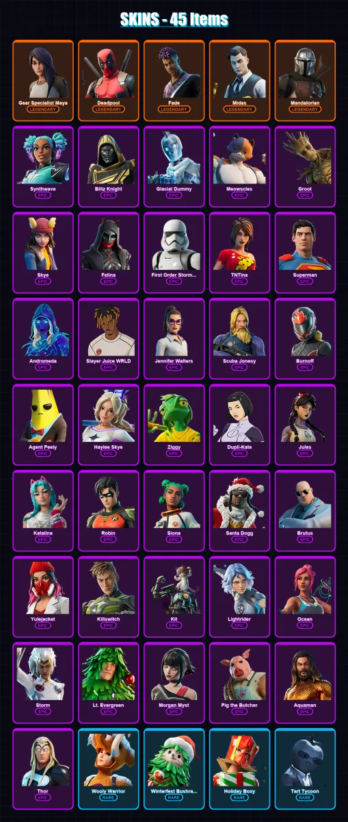 [PC] | Gear Specialist Maya | Deadpool | Fade | Midas | Mandalorian | 45 skin | 113 pickaxe | 72 emote | 97 glider | Lv1444 — Fortnite account