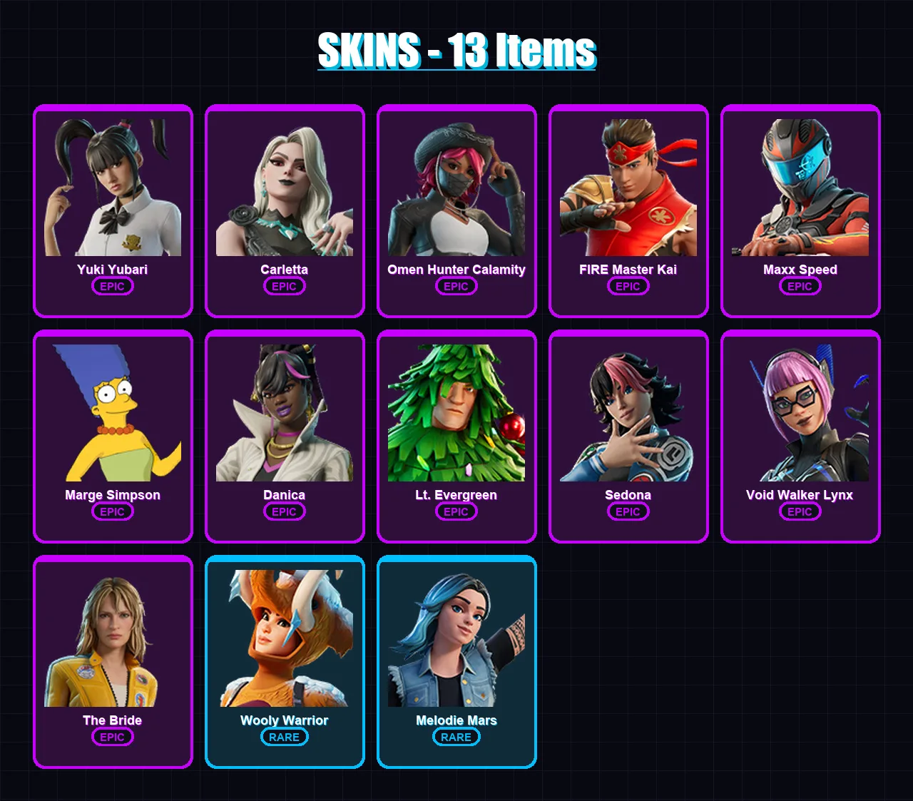 [PC/XBOX/PSN] | Yuki Yubari | Carletta | Omen Hunter Calamity | FIRE Master Kai | Maxx Speed | 13 skin | 12 pickaxe | 9 emote | 8 glider | Lv59