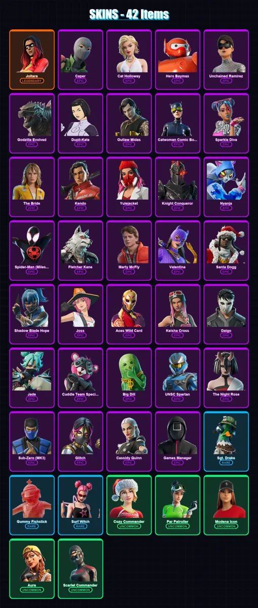 [PC/XBOX/PSN] | Joltara | Caper | Cat Holloway | Hero Baymax | Unchained Ramirez | 42 skin | 52 pickaxe | 33 emote | 38 glider | Lv570