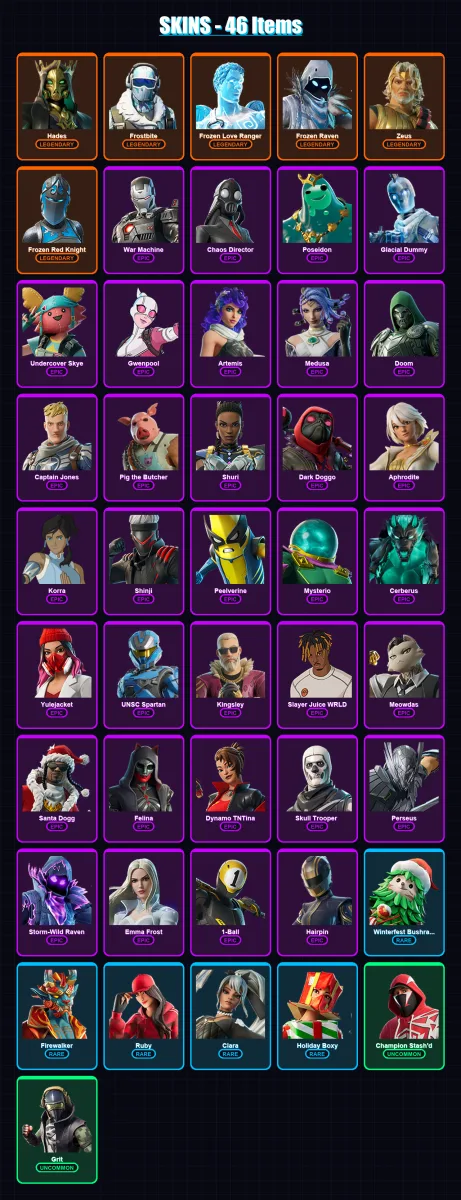 [PS4/PS5/XBOX/PC] | Hades | Frostbite | Frozen Love Ranger | Frozen Raven | Zeus | 46 skin | 93 pickaxe | 66 emote | 62 glider | Lv982