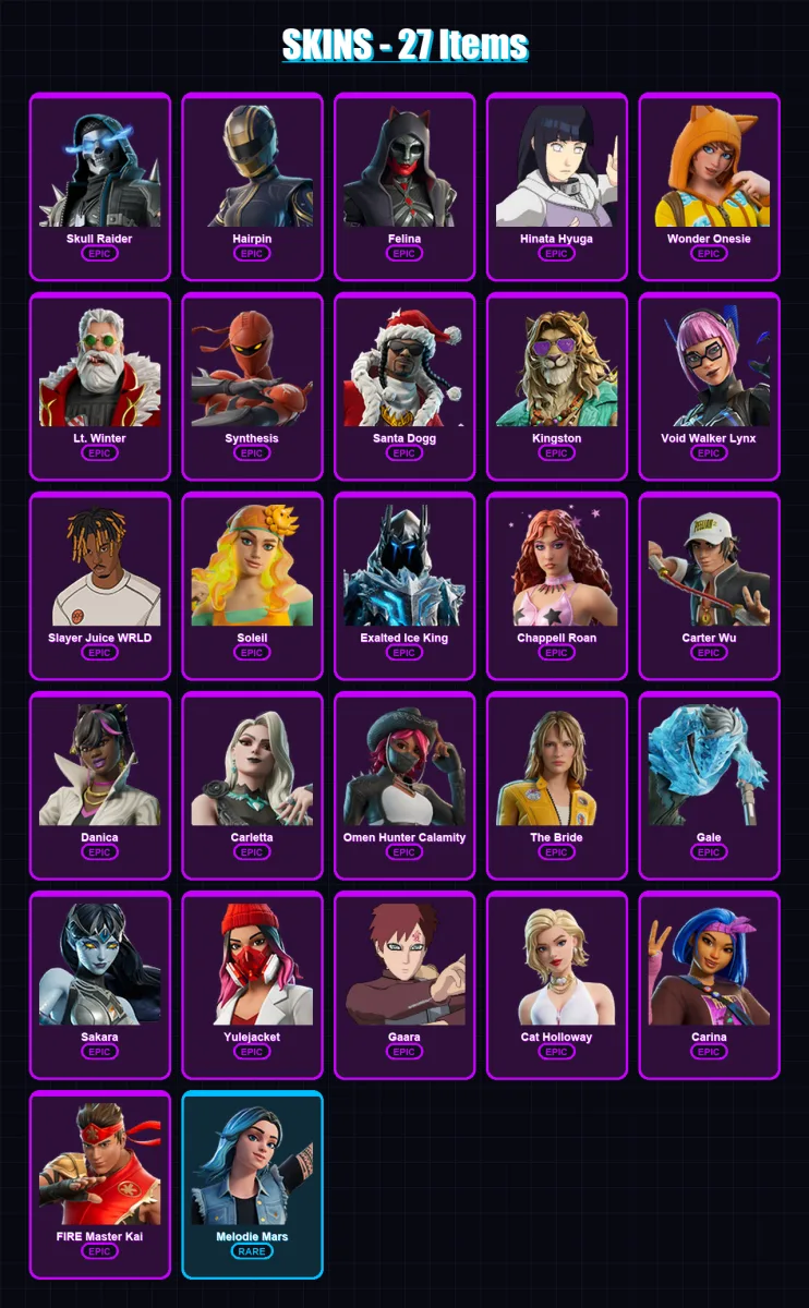 [PC/XBOX/PSN] | Skull Raider | Hairpin | Felina | Hinata Hyuga | Wonder Onesie | 27 skin | 47 pickaxe | 21 emote | 27 glider | Lv258