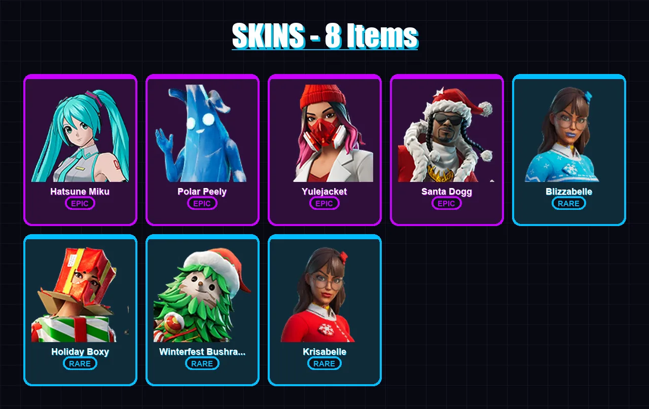 [PC/PSN] | Hatsune Miku | Polar Peely | Yulejacket | Santa Dogg | Blizzabelle | 8 skin | 22 pickaxe | 9 emote | 16 glider | Lv162