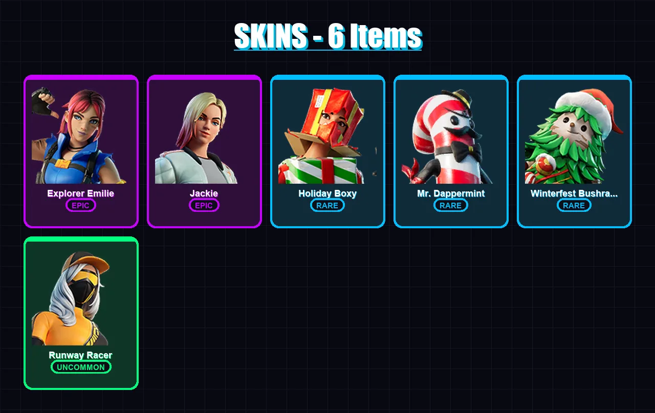 [PC/XBOX/PSN] | Explorer Emilie | Jackie | Holiday Boxy | Mr. Dappermint | Winterfest Bushranger | 6 skin | 6 pickaxe | 4 emote | 7 glider | Lv154
