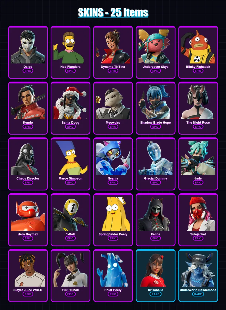 [PC/PSN] | Daigo | Ned Flanders | Dynamo TNTina | Undercover Skye | Blinky Fishstick | 25 skin | 66 pickaxe | 33 emote | 45 glider | Lv548