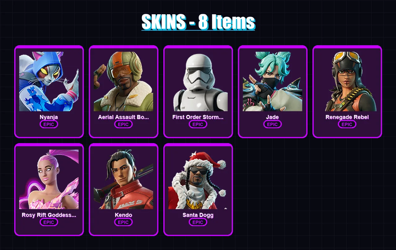 [PS4/PS5/PC] | Nyanja | Aerial Assault Bomber | First Order Stormtrooper | Jade | Renegade Rebel | 8 skin | 15 pickaxe | 11 emote | 18 glider | Lv55