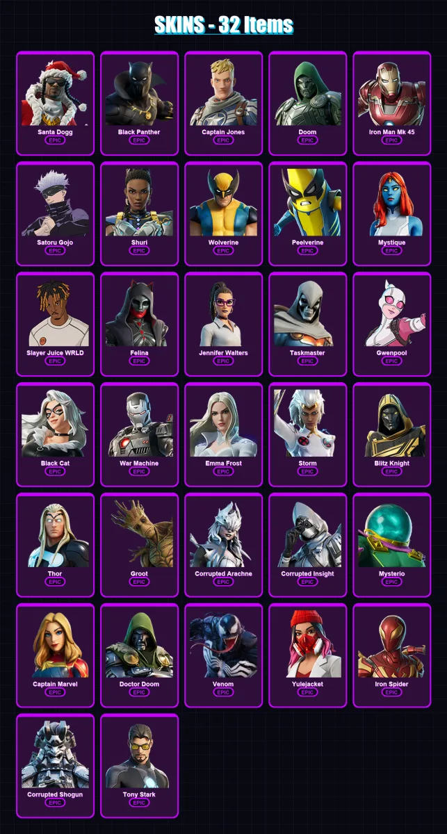 [PC/XBOX/PSN] | Santa Dogg | Black Panther | Captain Jones | Doom | Iron Man Mk 45 | 32 skin | 63 pickaxe | 32 emote | 39 glider | Lv705