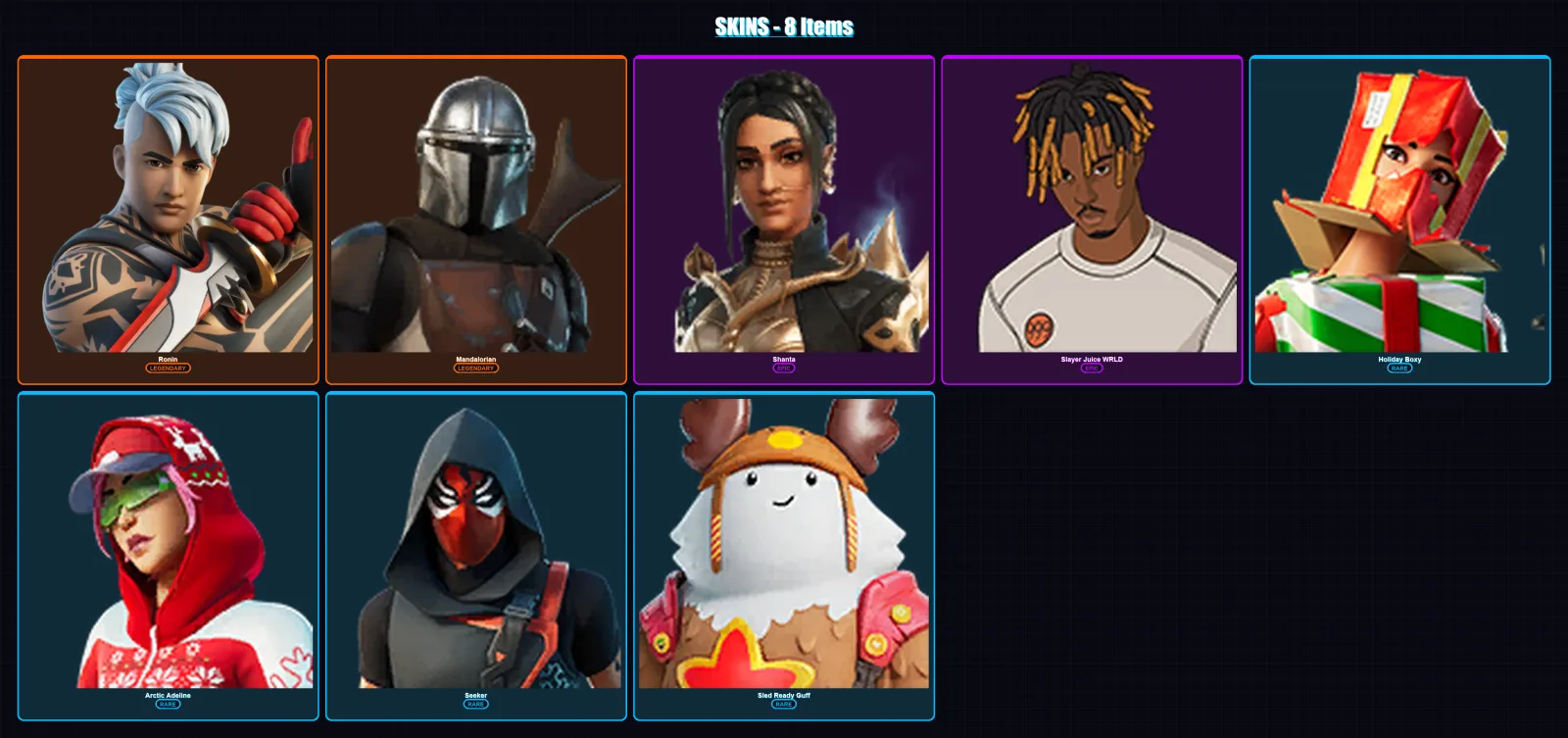 [PC/XBOX/PSN] | Ronin | Mandalorian | Shanta | Slayer Juice WRLD | Holiday Boxy | 8 skin | 33 pickaxe | 34 emote | 38 glider | Lv738