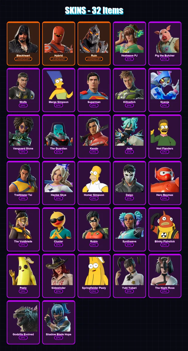 [PC/XBOX/PSN] | Blackheart | Hybrid | Ruin | Heatwave PJ | Pig the Butcher | 32 skin | 73 pickaxe | 51 emote | 51 glider | Lv569