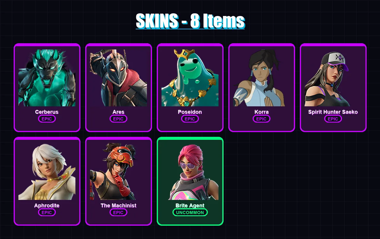 [PC/XBOX/PSN] | Cerberus | Ares | Poseidon | Korra | Spirit Hunter Saeko | 8 skin | 9 pickaxe | 5 emote | 8 glider | Lv69