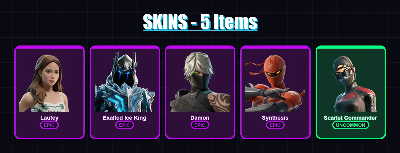 [PC/PSN] | Laufey | Exalted Ice King | Damon | Synthesis | Scarlet Commander | 5 skin | 3 pickaxe | 2 emote | 4 glider | Lv22