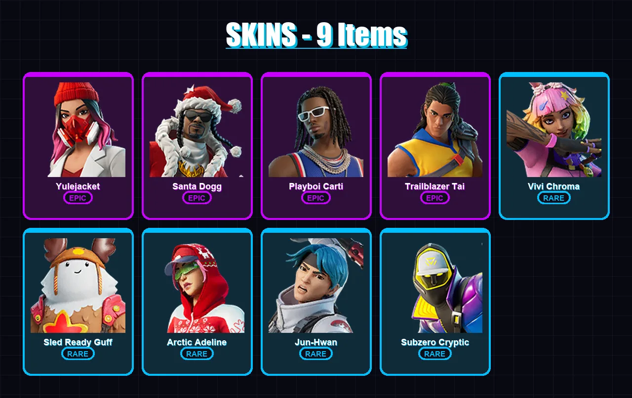 [SWITCH/XBOX/PC] | Yulejacket | Santa Dogg | Playboi Carti | Trailblazer Tai | Vivi Chroma | 9 skin | 29 pickaxe | 12 emote | 26 glider | Lv300