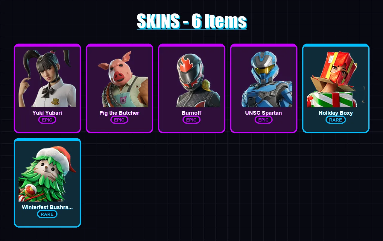 [PC/XBOX/PSN] | Yuki Yubari | Pig the Butcher | Burnoff | UNSC Spartan | Holiday Boxy | 6 skin | 23 pickaxe | 12 emote | 21 glider | Lv351
