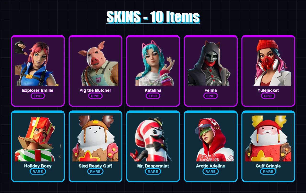 [PC/XBOX/PSN] | Explorer Emilie | Pig the Butcher | Katalina | Felina | Yulejacket | 10 skin | 34 pickaxe | 20 emote | 26 glider | Lv468